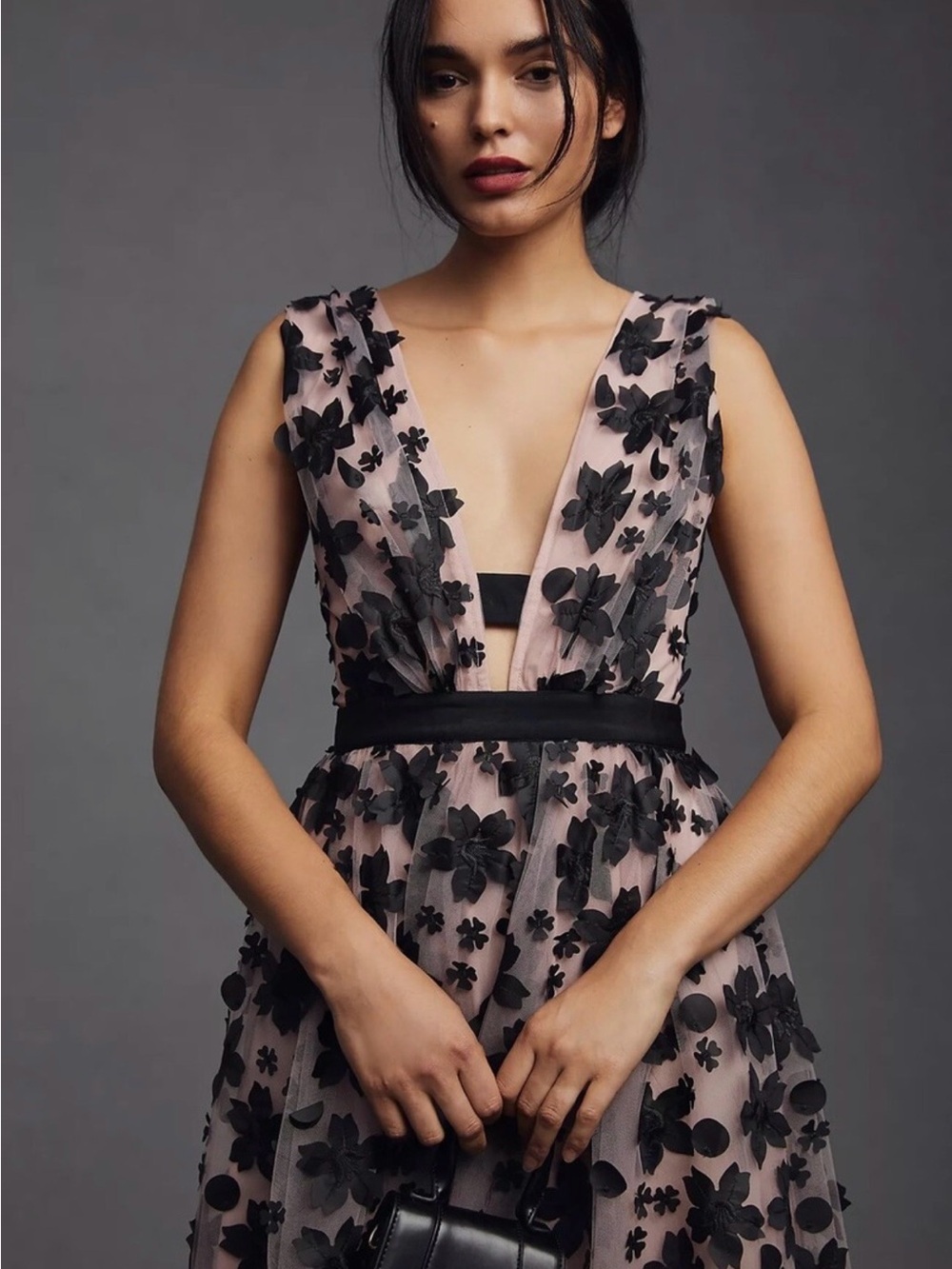 Anthropologie Blush Pink Midi Dress with Black Floral Appliqué - Picture 3 of 15